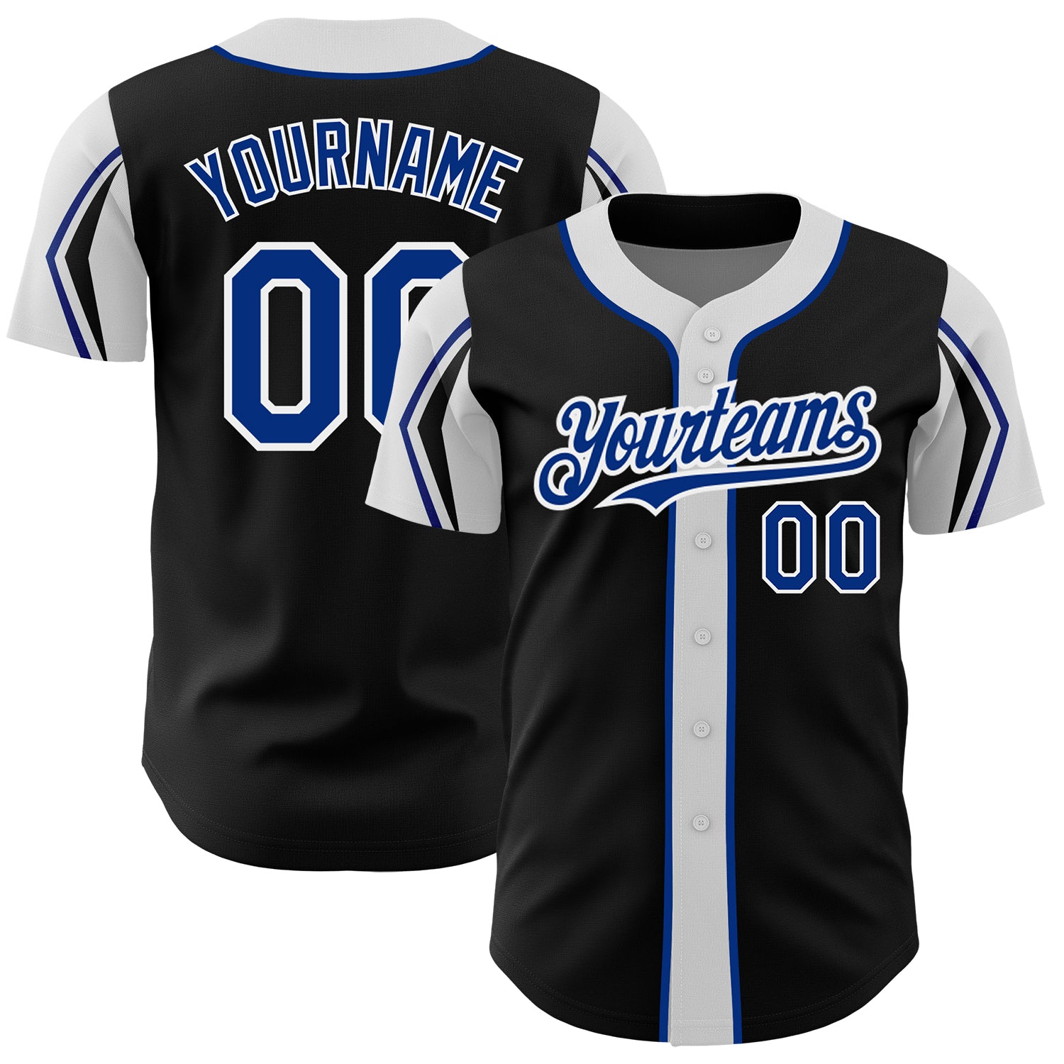 Custom Authentic Baseball Jersey - Personalized Black Royal-White with Team Name and Number, 3 Color Options, Arm Shapes