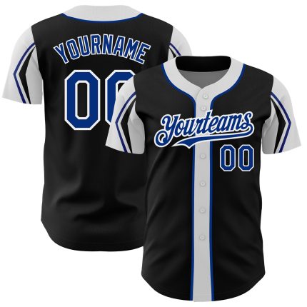 Personalized Baseball Jersey in Black Royal-White with 3 Arm Shapes Customizable Design Personalized Black Royal-White 3