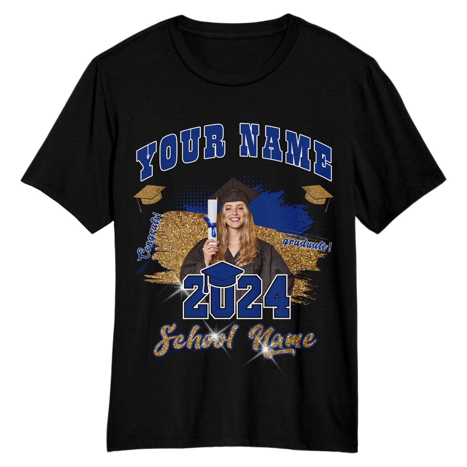 Custom Name and Number 3D Graduation T-Shirt - Personalized Black Royal-White Team Shirt Personalized Black Royal-White 3D