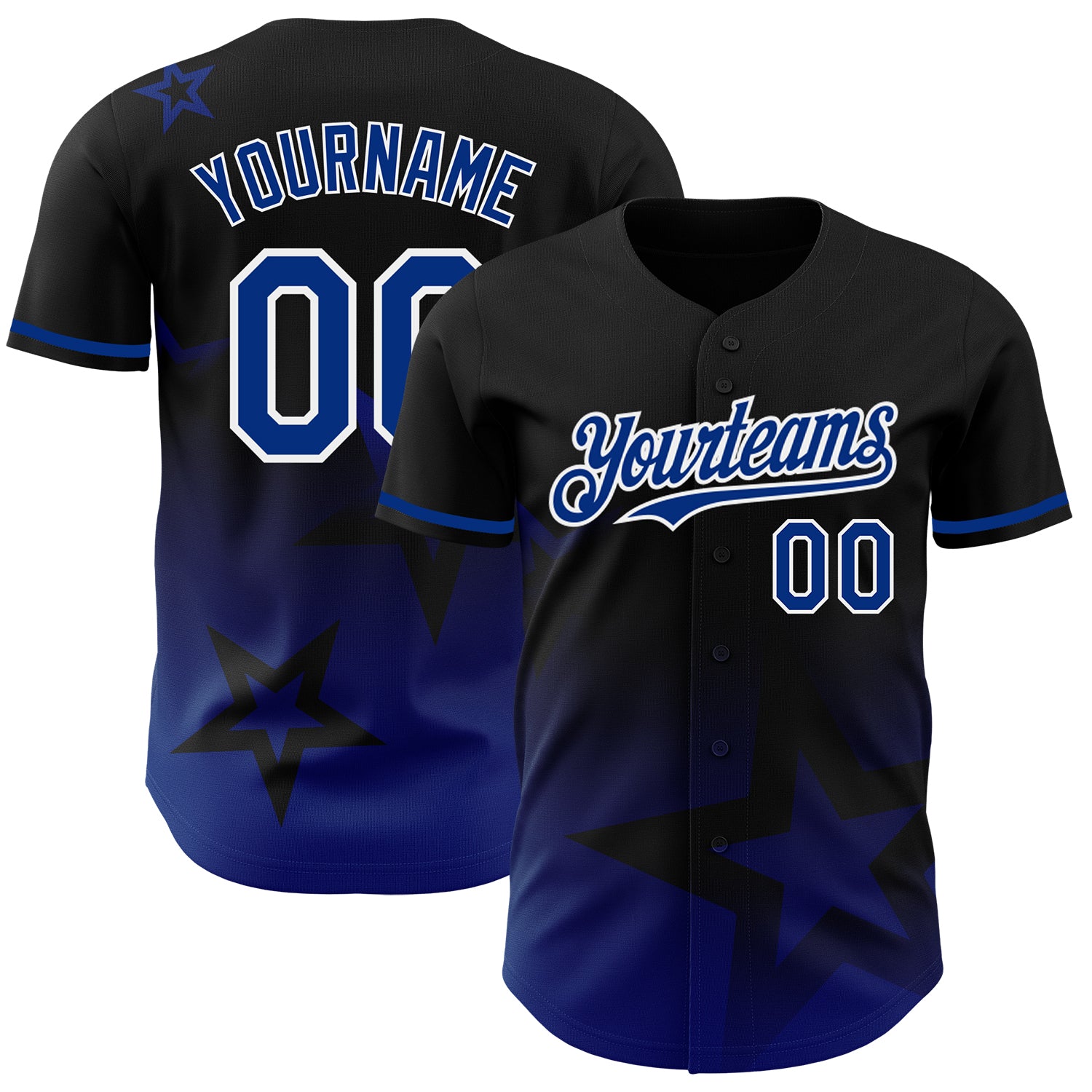Custom Name and Number Gradient 3D Pattern Twinkle Star Baseball Jersey - Personalized Black Royal White Design Personalized