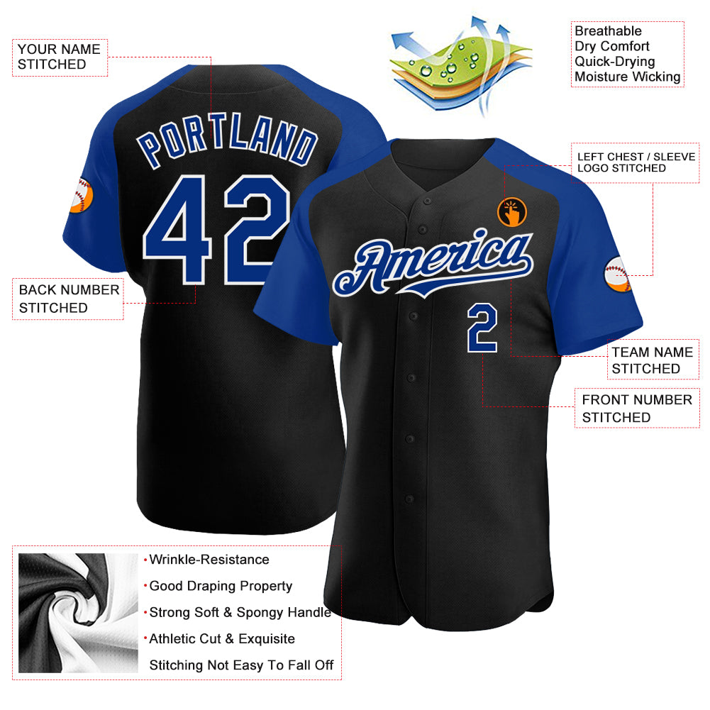 Personalized Black Royal-White Authentic Raglan Sleeves Baseball Jersey Team Custom Name and Number Custom Black Baseball Jersey - Personalized White Raglan Sleeves with Name and Number - Authentic Team Apparel Personalized - Image 3