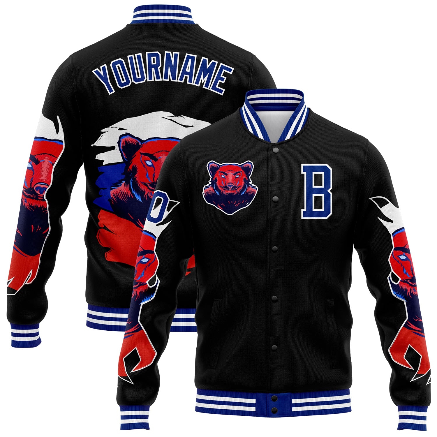 Personalized Black White Bear 3D Bomber Varsity Letterman Jacket Full-Snap Personalized Black Royal-White Bear 3D Bomber