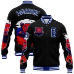 Custom Varsity Letterman Jacket with 3D Black Royal-White Bear Design, Personalized Name and Number, Full-Snap Bomber Style