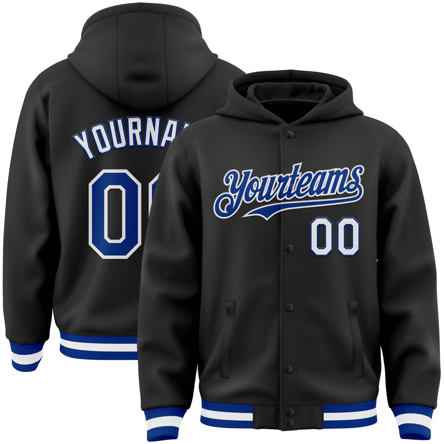 Personalized Black Varsity Letterman Hoodie Jacket - Full-Snap Royal-White Bomber Personalized Black Royal-White Bomber Full-Snap