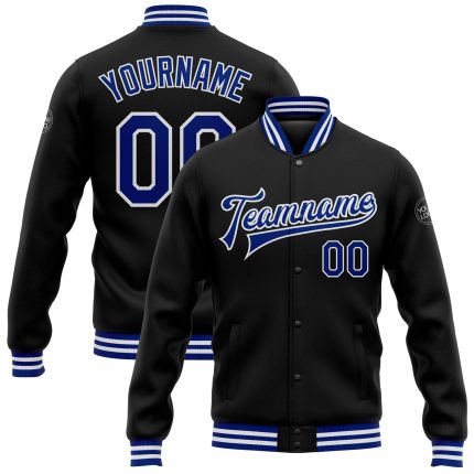 Personalized Varsity Letterman Jacket Black Royal-White Full-Snap Bomber Personalized Black Royal-White Bomber Full-Snap