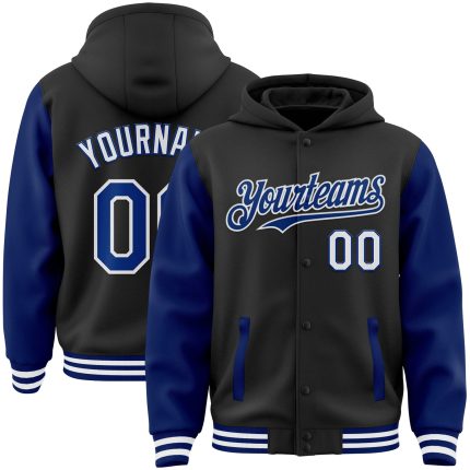 Personalized Two Tone Letterman Bomber Hoodie Jacket - Black Royal White Full Snap Varsity Style Personalized Black Royal-White