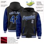 Personalized Two Tone Letterman Bomber Hoodie Jacket - Black Royal White Full Snap Varsity Style Personalized Black Royal-White