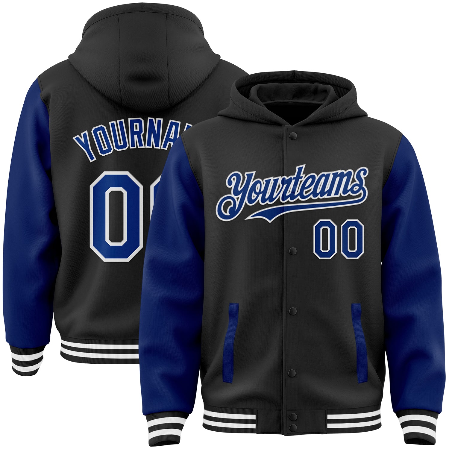 Custom Name Number Bomber Varsity Letterman Hoodie Jacket - Personalized Black White Two Tone Full-Snap Design Personalized