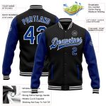 Personalized Varsity Letterman Bomber Jacket Black Royal-White Full-Snap Two Tone Personalized Black Royal-White Bomber Full-Snap