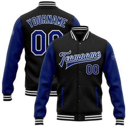 Personalized Varsity Letterman Bomber Jacket Black Royal-White Full-Snap Two Tone Personalized Black Royal-White Bomber Full-Snap