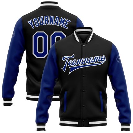 Custom Black and White Varsity Letterman Bomber Jacket Full-Snap Two Tone Personalized Black Royal-White Bomber Full-Snap