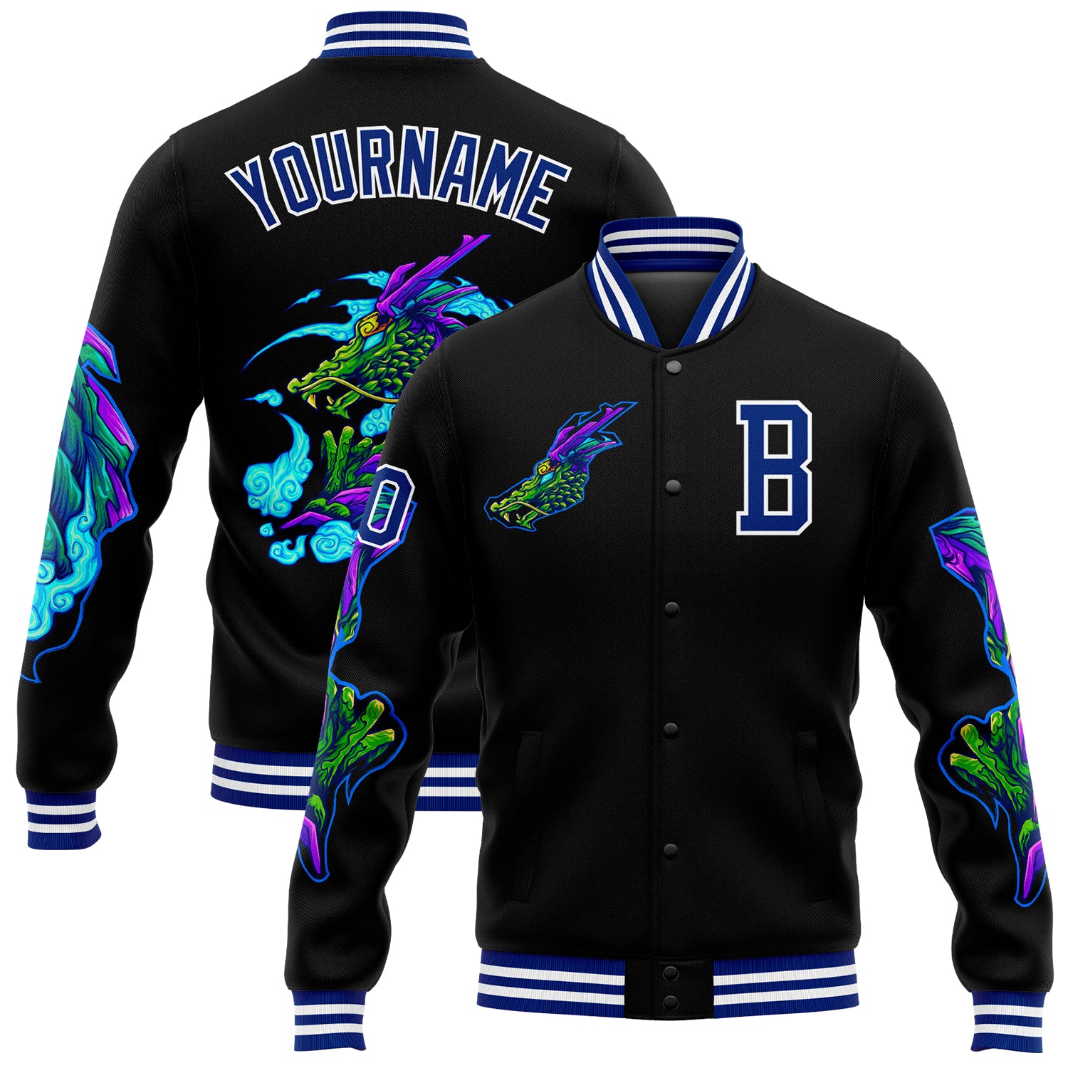 Personalized 3D Dragon Varsity Letterman Jacket - Black Royal White Full-Snap Bomber Personalized Black Royal-White Dragon
