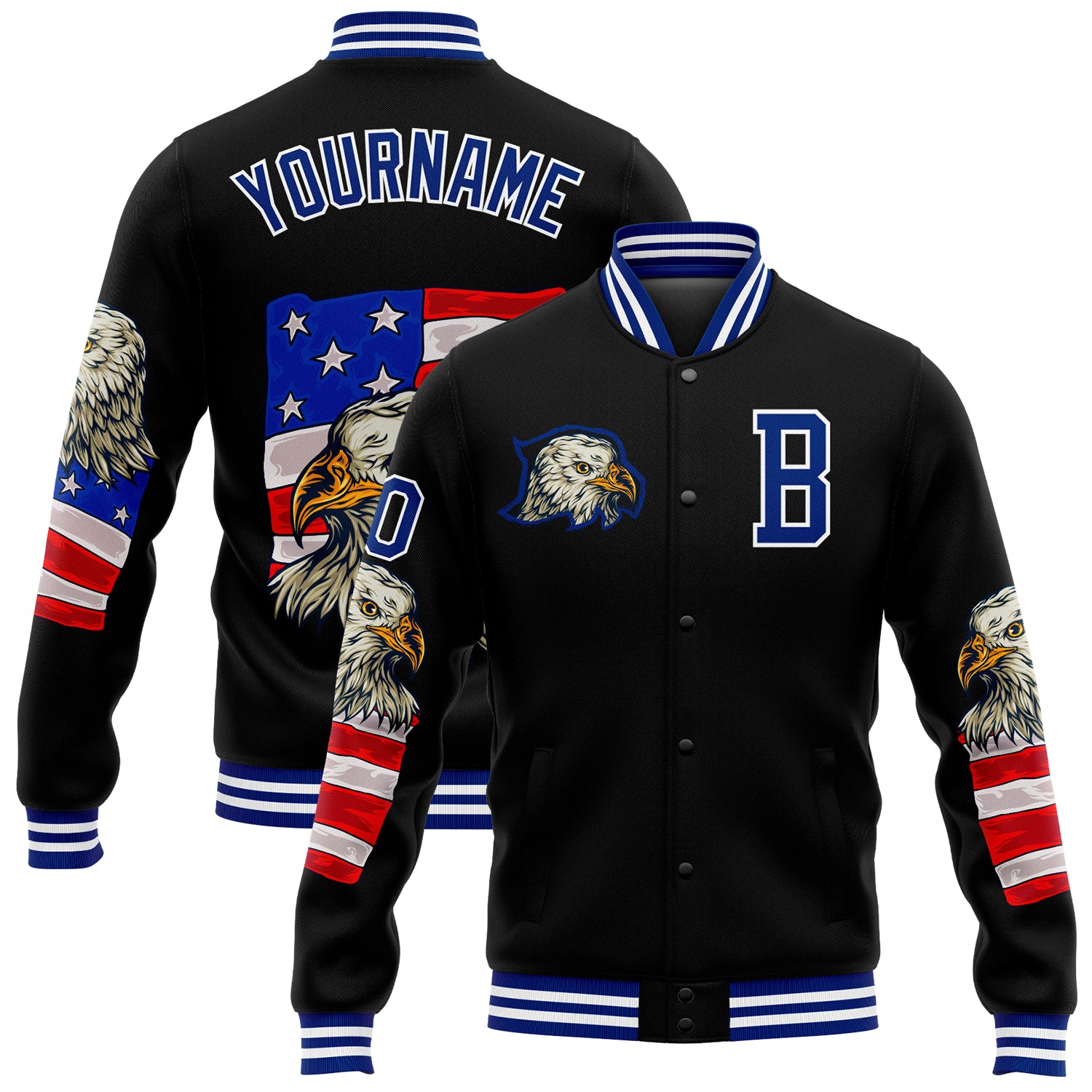 Personalized Black Royal White Eagle American Flag 3D Bomber Varsity Letterman Jacket Personalized Black Royal-White Eagle