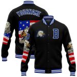 Custom Personalized 3D Pattern Black Bomber Jacket with Eagle & American Flag - Full-Snap Varsity Letterman with Name & Number