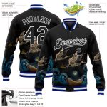 Personalized Varsity Letterman Jacket with Custom Name & Number - Black Royal-White Heron 3D Pattern Full-Snap Bomber Style