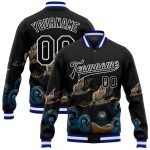 Personalized Varsity Letterman Jacket with Custom Name & Number - Black Royal-White Heron 3D Pattern Full-Snap Bomber Style