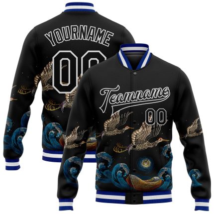 Personalized Varsity Letterman Jacket with Custom Name & Number - Black Royal-White Heron 3D Pattern Full-Snap Bomber Style