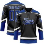Custom Name and Number Personalized Black Hockey Jersey - Royal White Lace Neck Team Apparel Personalized Black Royal-White