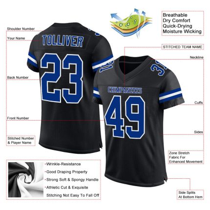 Custom Name and Number Personalized Football Jersey - Black Royal-White Mesh Authentic Team Jersey Personalized Black Royal-White