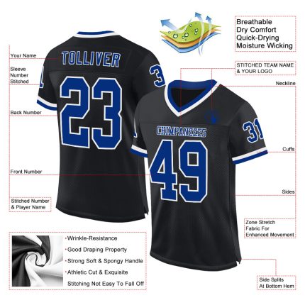 Custom Personalized Football Jersey - Black Royal-White Mesh, Authentic Throwback, Team Name & Number Personalized Black