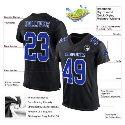 Personalized Black White Football Jersey Custom Name & Number - 2 Personalized Black Royal-White Mesh Football Jersey 2