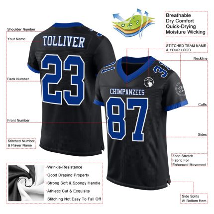Personalized Black White Mesh Football Jersey for Men Women Kids 3 Personalized Black Royal-White Mesh Football Jersey 3