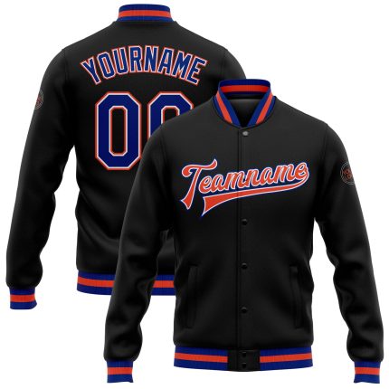 Personalized Black Varsity Bomber Jacket with White-Orange Accents - Full-Snap Letterman Personalized Black Royal White-Orange