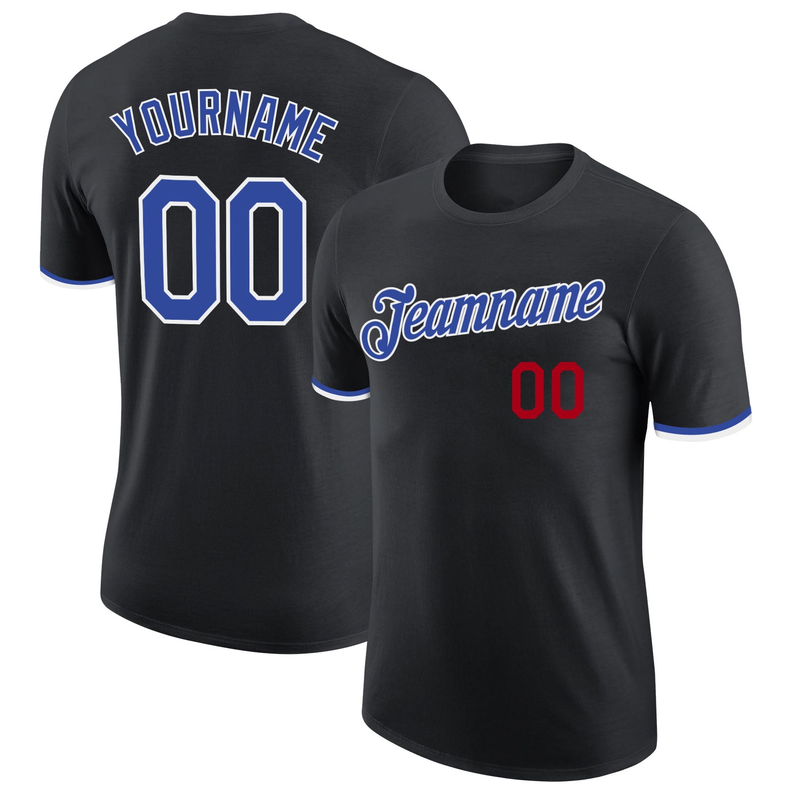Custom Team Name and Number Performance T-Shirt - Personalized Black Royal-White Design Personalized Black Royal-White Performance