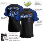 Personalized Black White Baseball Jersey with Royal Raglan Sleeves Personalized Black Royal-White Raglan Sleeves Baseball