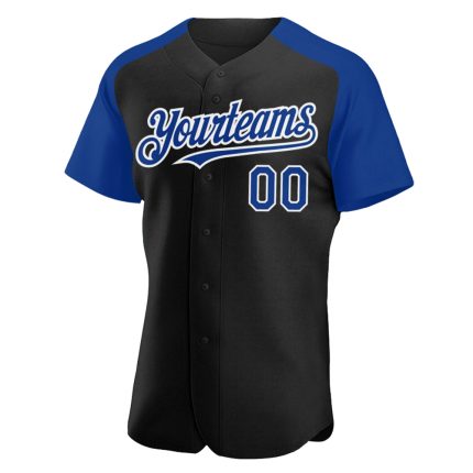 Personalized Black White Baseball Jersey with Royal Raglan Sleeves Personalized Black Royal-White Raglan Sleeves Baseball