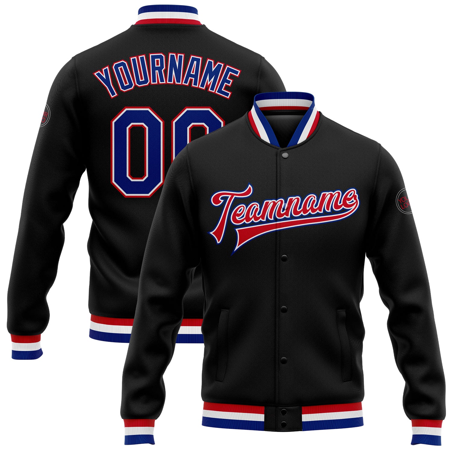 Custom Name and Number Black Royal Red Varsity Bomber Jacket - Personalized Full-Snap Letterman Jacket Personalized Black