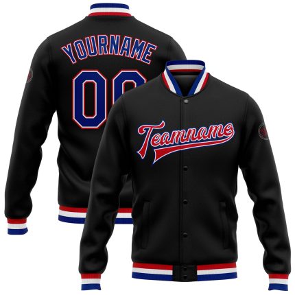 Personalized Varsity Letterman Jacket Black White Red Bomber Full-Snap Personalized Black Royal White-Red Bomber Full-Snap