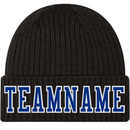 Custom Name Number Personalized Black Royal White Cuffed Knit Hat Personalized Black Royal-White Stitched Cuffed Knit Hat