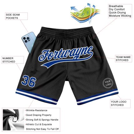 Personalized Black Throwback Basketball Shorts - Royal White Design for Men Personalized Black Royal-White Throwback Basketball