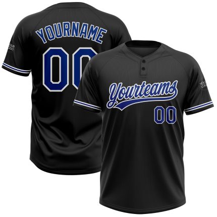 Personalized Unisex Softball Jersey - Black Royal-White Two-Button Design Personalized Black Royal-White Two-Button Unisex