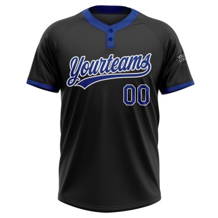 Custom Name and Number Unisex Softball Jersey - Personalized Black Royal-White Two-Button Design Personalized Black Royal-White