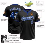 Custom Name and Number Unisex Softball Jersey - Personalized Black Royal-White Two-Button Design Personalized Black Royal-White
