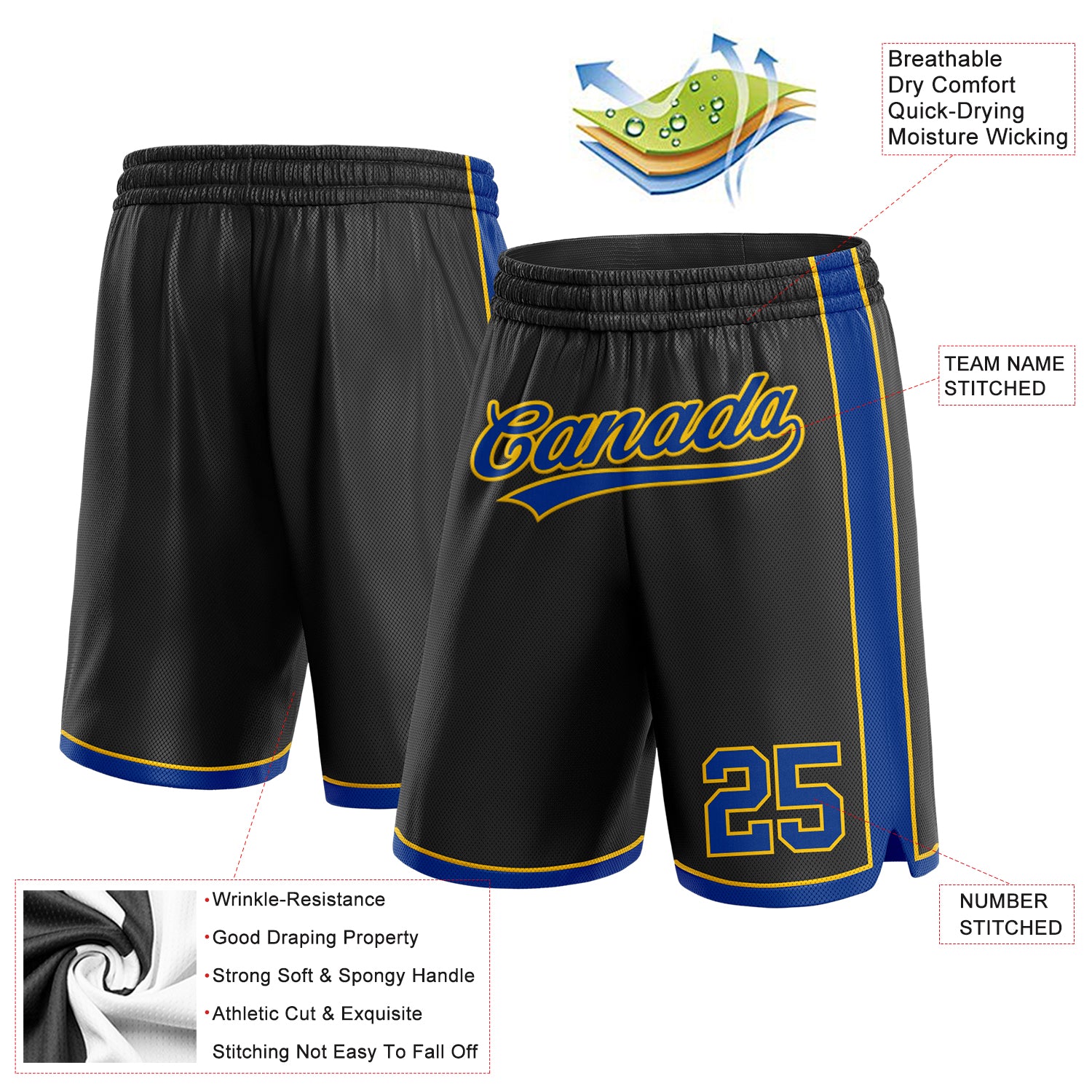 Personalized Black Royal-Yellow Authentic Basketball Shorts Team Custom Name and Number Custom Team Name & Number Black Royal-Yellow Basketball Shorts - Personalized Authentic Sportswear Personalized Black Royal-Yellow - Image 2