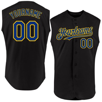 Custom Name and Number Personalized Authentic Baseball Jersey - Black Royal-Yellow Sleeveless Personalized Black Royal-Yellow