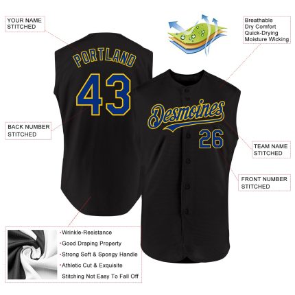 Custom Name and Number Personalized Authentic Baseball Jersey - Black Royal-Yellow Sleeveless Personalized Black Royal-Yellow