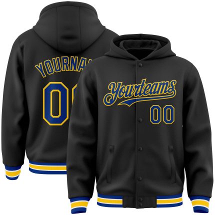 Custom Bomber Hoodie Jacket with Personalized Name and Number - Black Royal Yellow Varsity Letterman Full-Snap Personalized