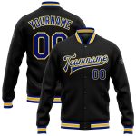 Custom Black Royal Yellow Varsity Letterman Jacket Full-Snap Bomber Style Personalized Black Royal-Yellow Bomber Full-Snap
