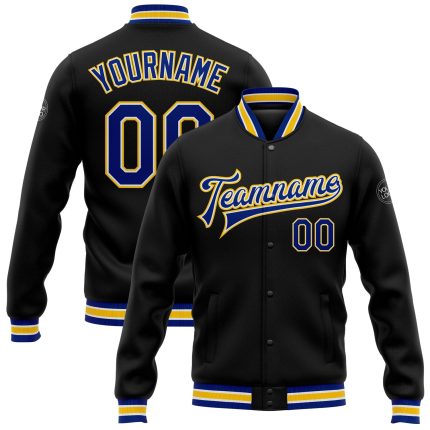 Custom Black Royal Yellow Varsity Letterman Jacket Full-Snap Bomber Style Personalized Black Royal-Yellow Bomber Full-Snap