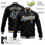 Custom Black Royal Yellow Varsity Letterman Jacket Full-Snap Bomber Style Personalized Black Royal-Yellow Bomber Full-Snap