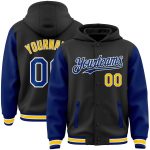 Custom Name and Number Two Tone Hoodie Jacket - Black Royal-Yellow Bomber Full-Snap Varsity Letterman Personalized Black