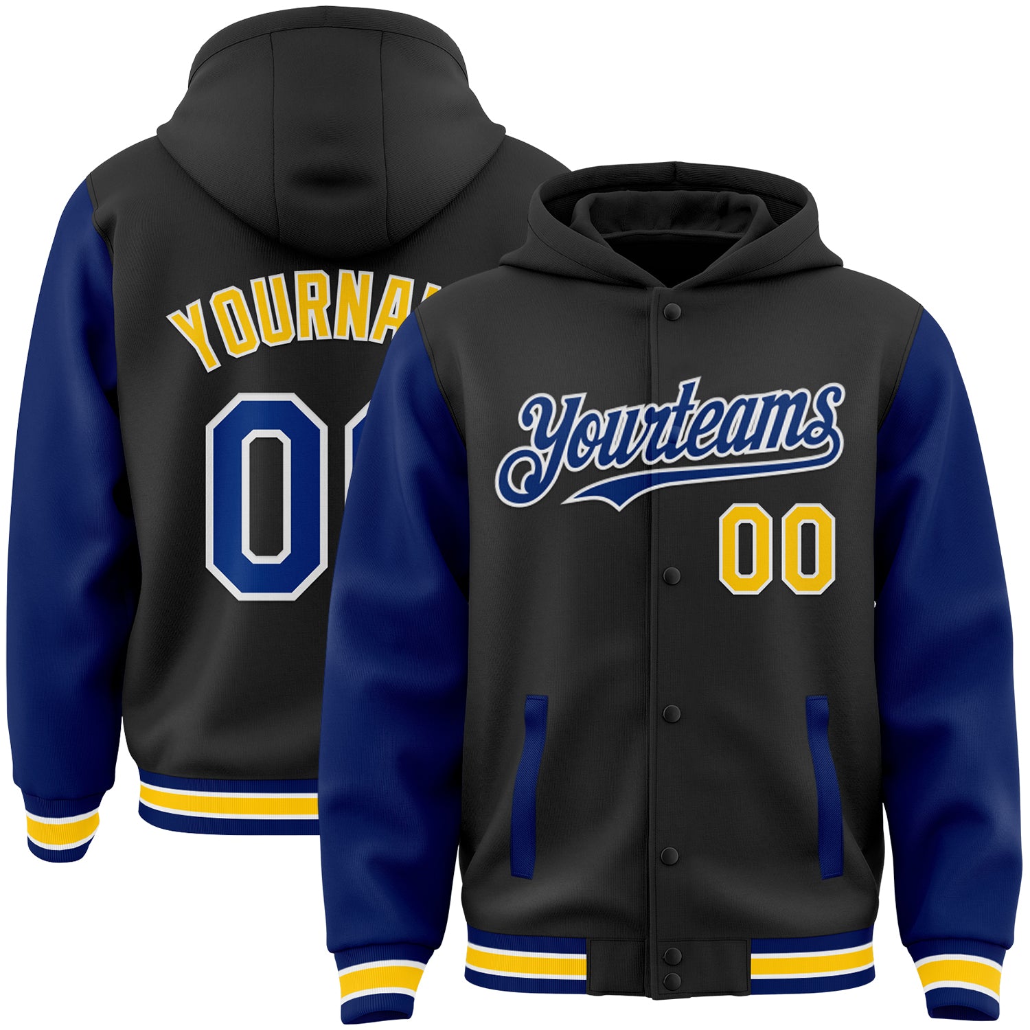 Custom Name and Number Two Tone Hoodie Jacket - Black Royal-Yellow Bomber Full-Snap Varsity Letterman Personalized Black