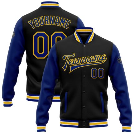Personalized Two Tone Black and Yellow Bomber Varsity Jacket - Full-Snap Letterman Jacket Personalized Black Royal-Yellow
