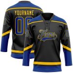 Personalized Black Royal Yellow Hockey Jersey with Lace Neck Design Personalized Black Royal-Yellow Hockey Lace Neck Jersey