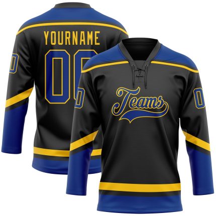 Personalized Black Royal Yellow Hockey Jersey with Lace Neck Design Personalized Black Royal-Yellow Hockey Lace Neck Jersey