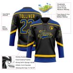 Personalized Black Royal Yellow Hockey Jersey with Lace Neck Design Personalized Black Royal-Yellow Hockey Lace Neck Jersey